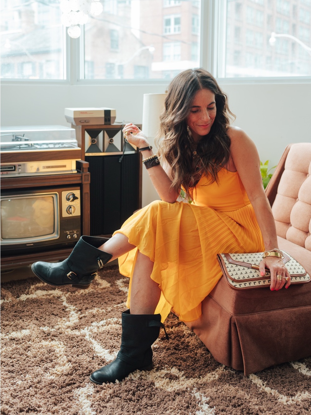 Wilfred Sleeveless Yellow-Orange Pleated Midi Dress - Picture 2 of 8